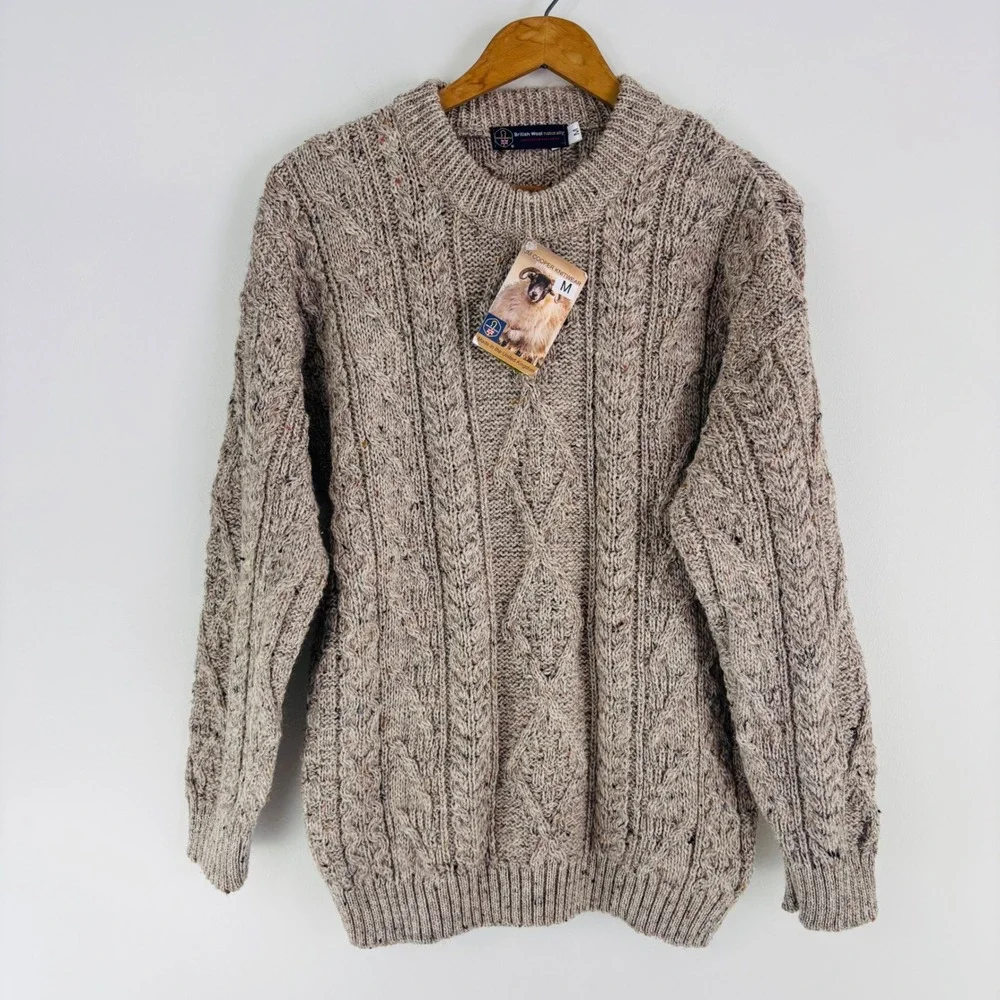 JM Cooper British Wool Cable Knit Sweater Oatmeal Tweed Crew Neck Made in UK M